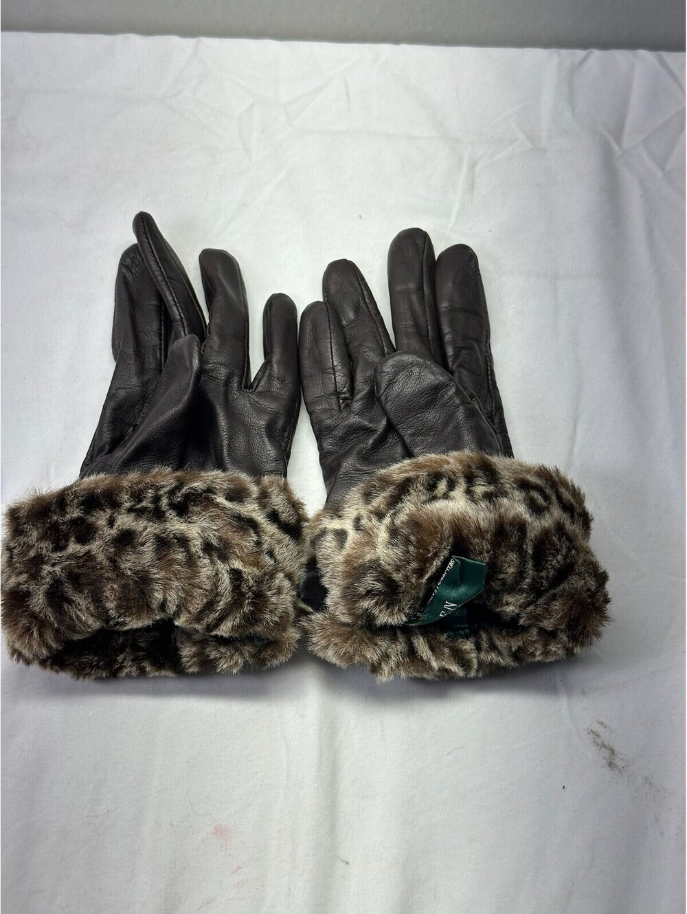Lauren Ralph Lauren Women's Leather Gloves Faux Fur Cuff Brown Size XL S-15